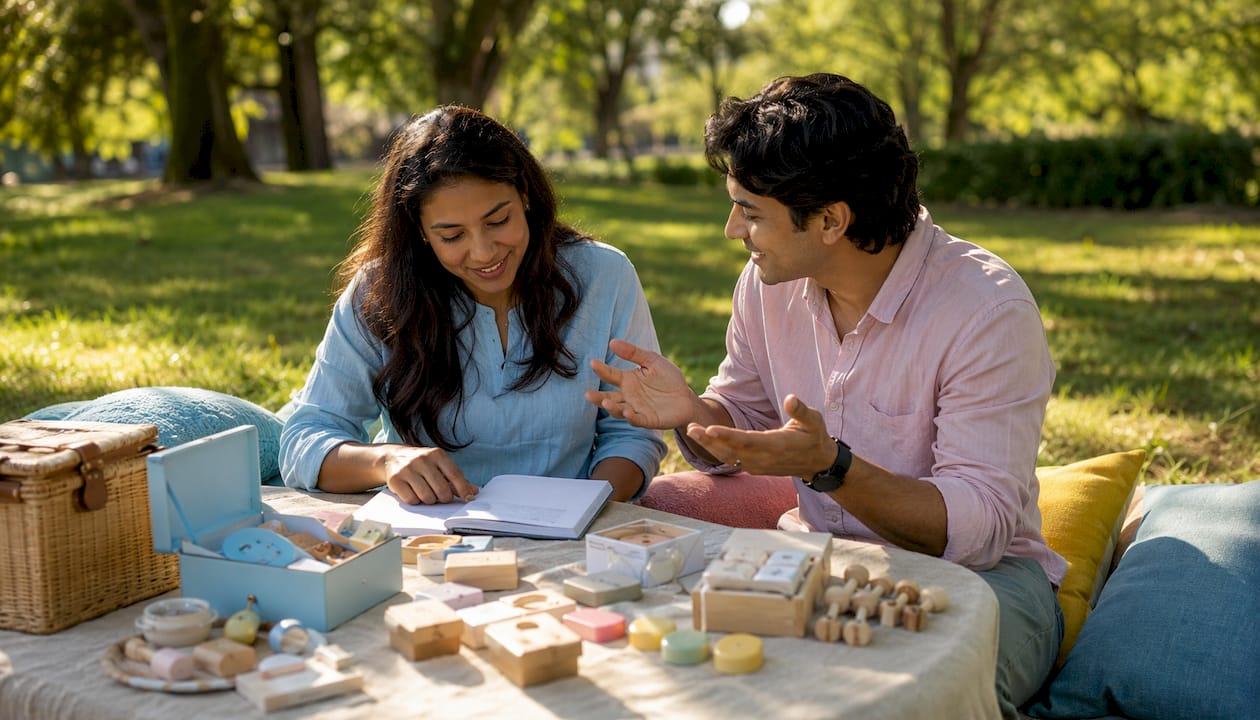 Group brainstorming return gift ideas at coffee shop