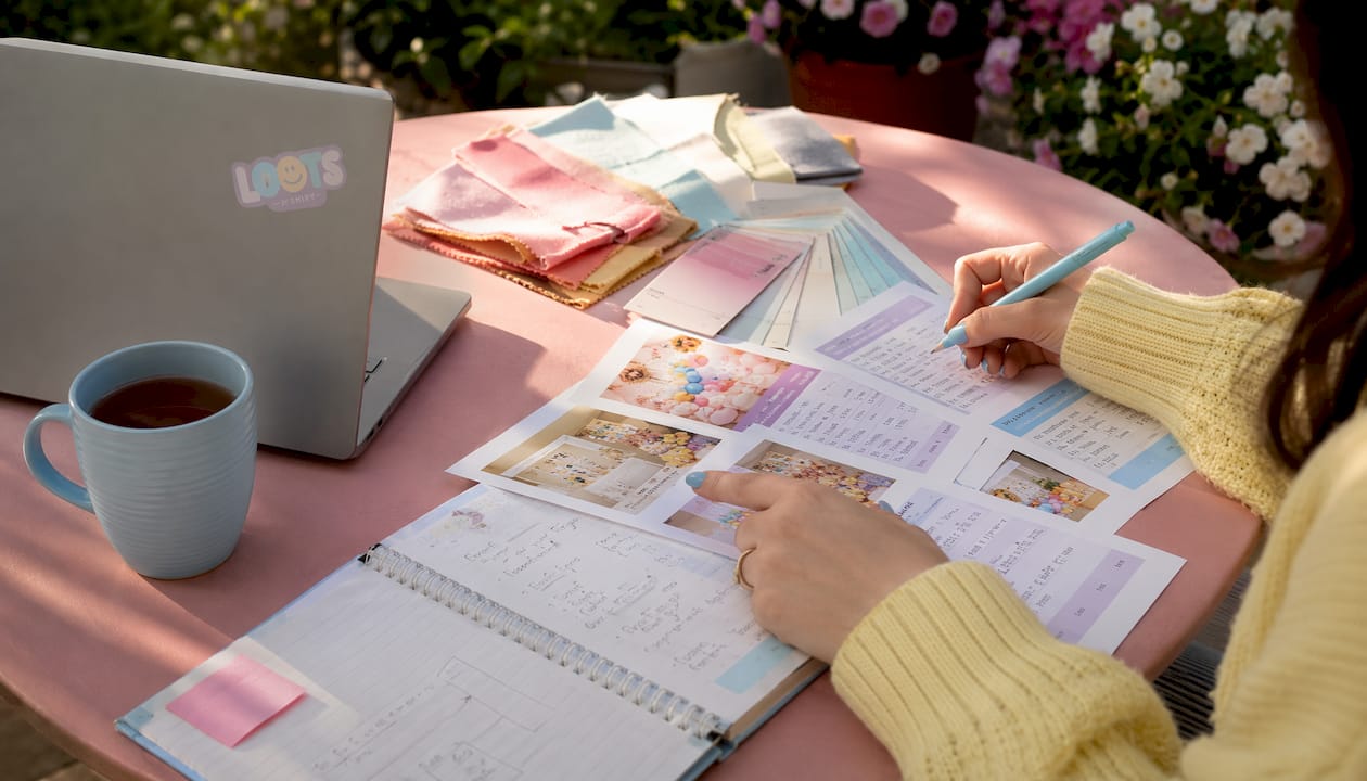 Hands comparing vendor price sheets and samples