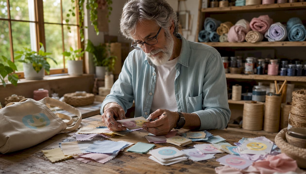 Artisan selecting custom printed patches for loot bags