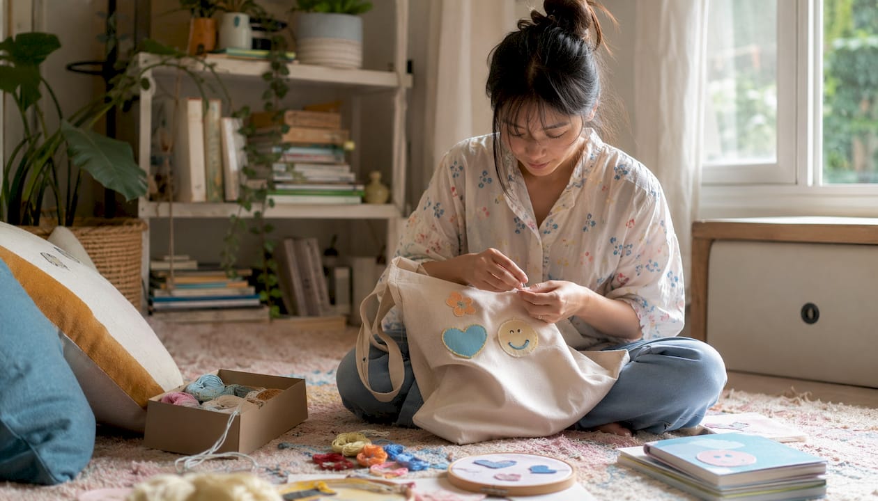 Hands embroidering cotton tote bag for party favour