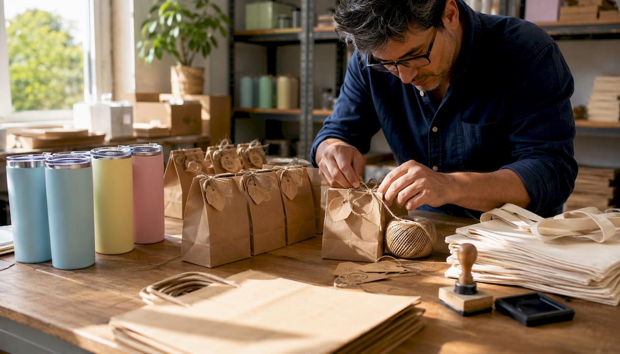 Man packaging personalized party favors with kraft tags