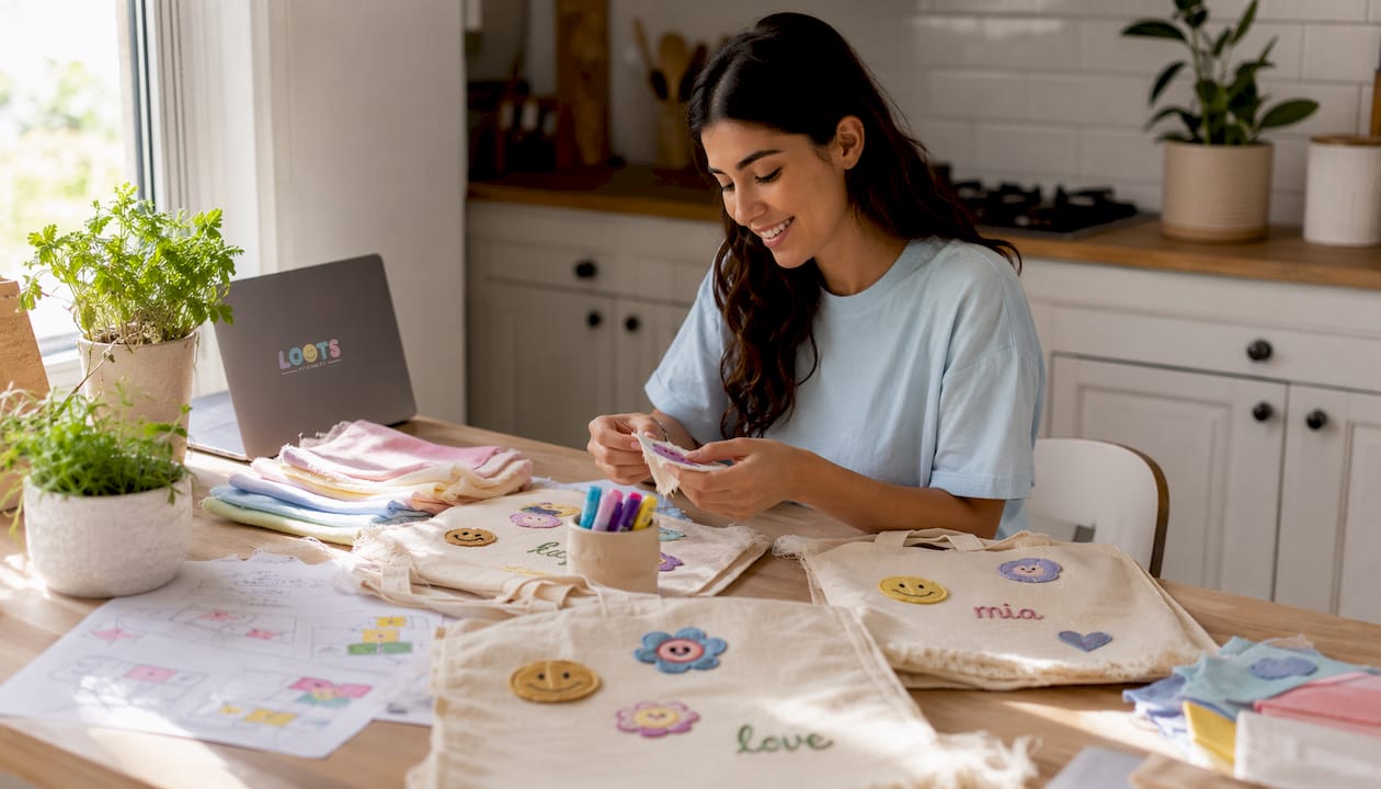 Designer arranging personalized cotton tote bags on desk