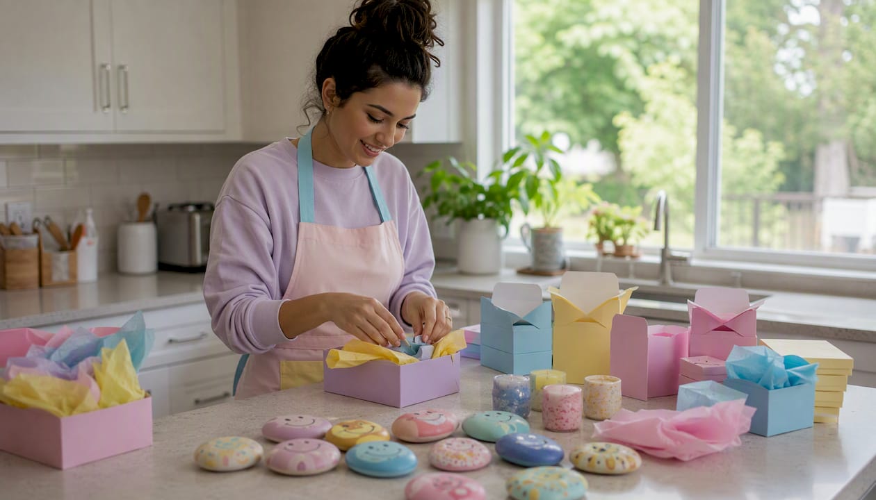 Hands sorting varied Canadian party favours in craft studio