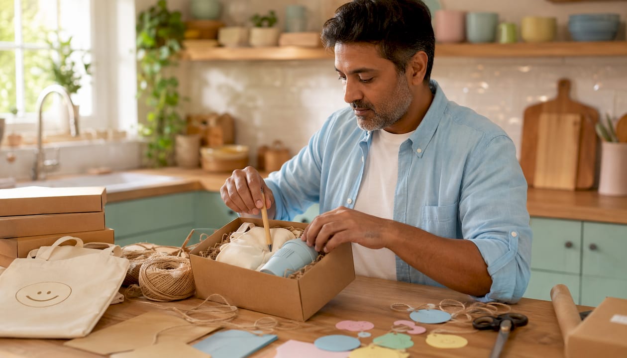 Hands assembling subtle sustainable swag kits