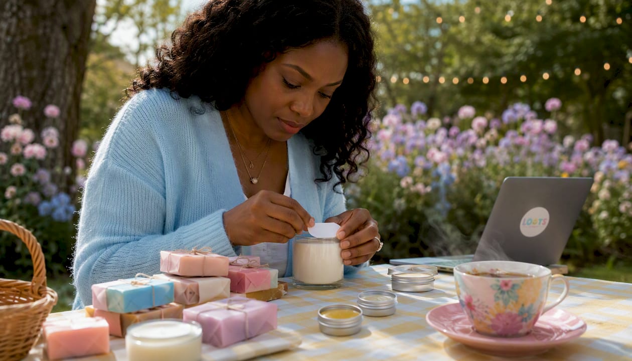 Woman labelling beauty self-care bridal favours outdoors