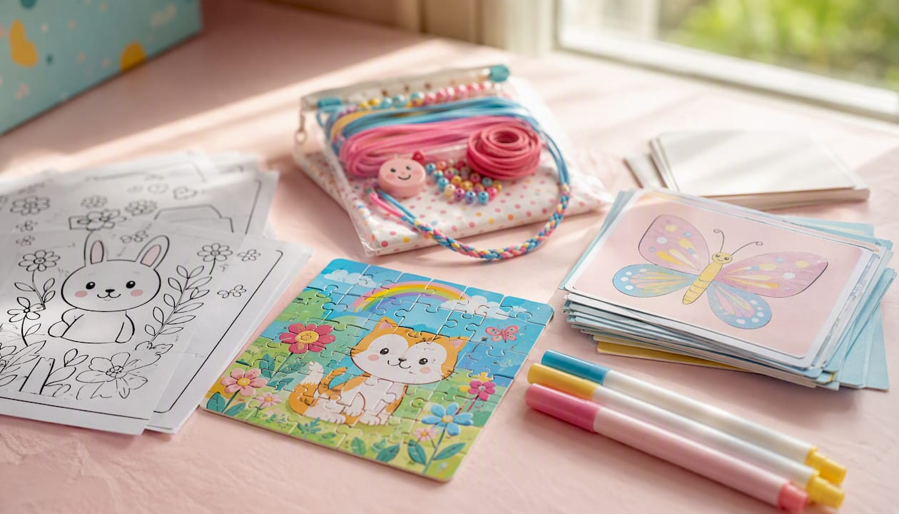 Elementary-age party favour items on table