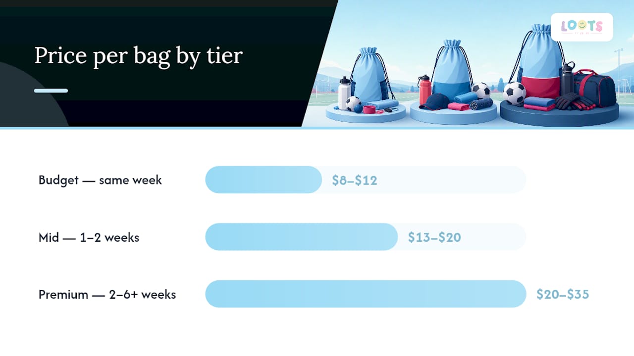 Comparison chart of loot bag pricing and lead times
