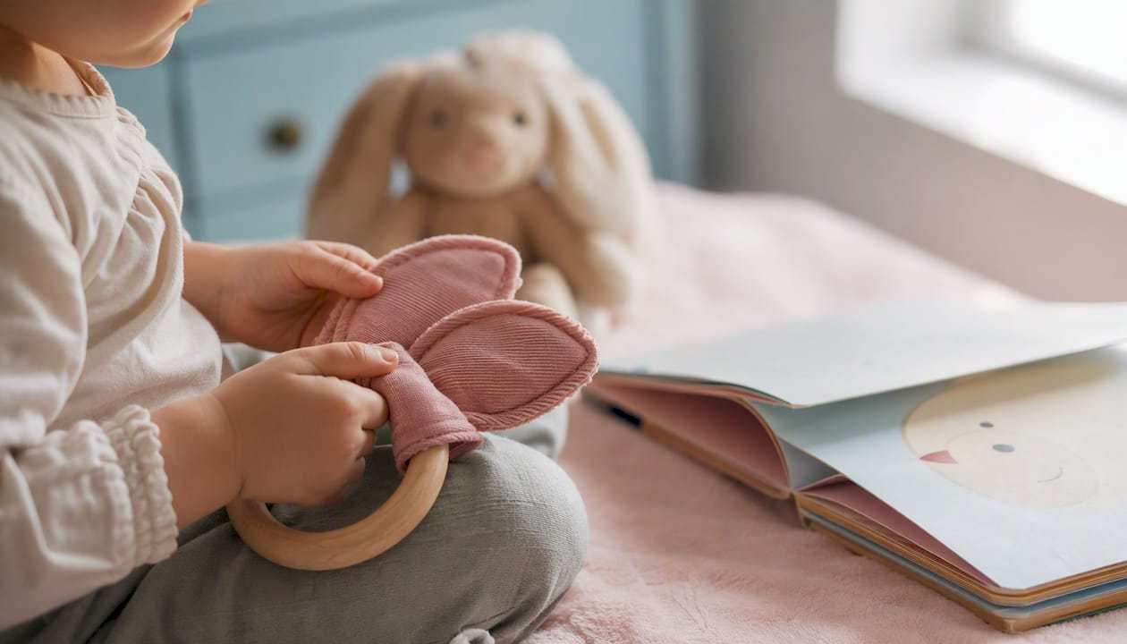 Toddler-safe loot items including fabric teether and board book