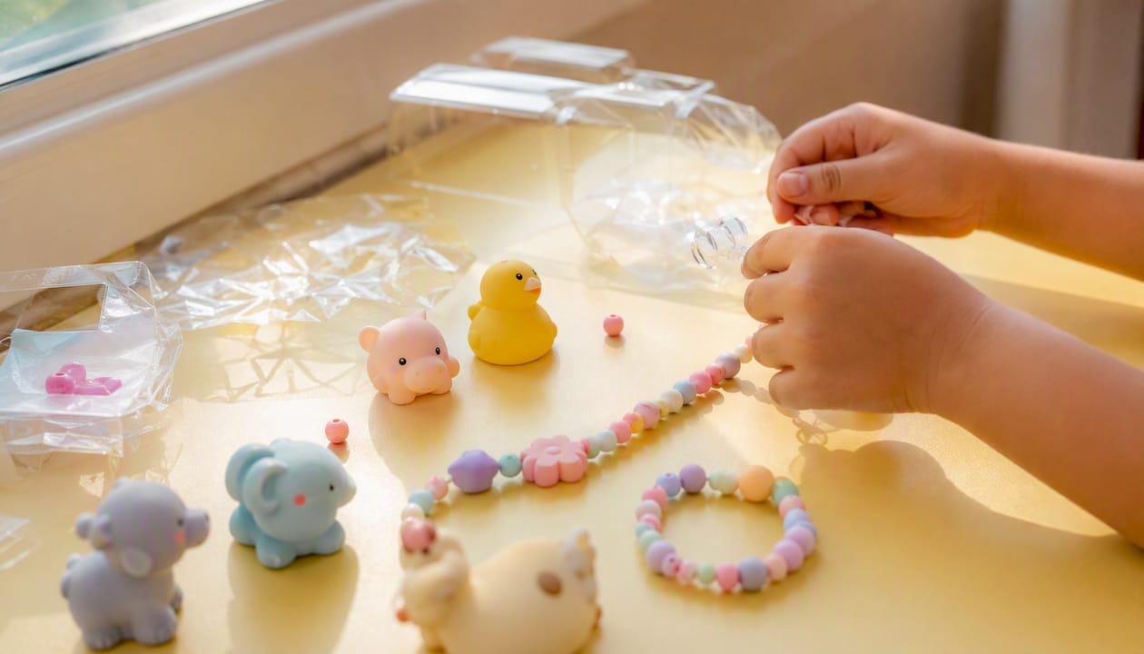 Safe preschool loot items including small toys and bead jewelry