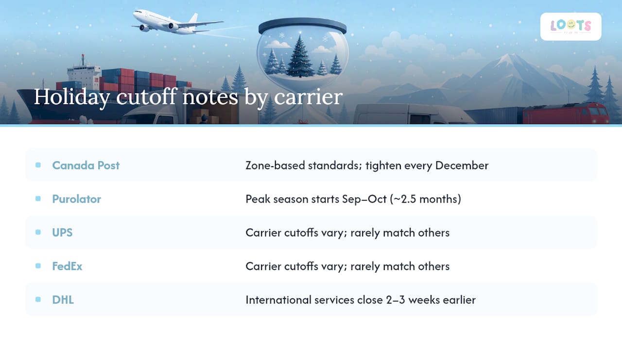 Comparison of holiday shipping deadlines by carrier and service