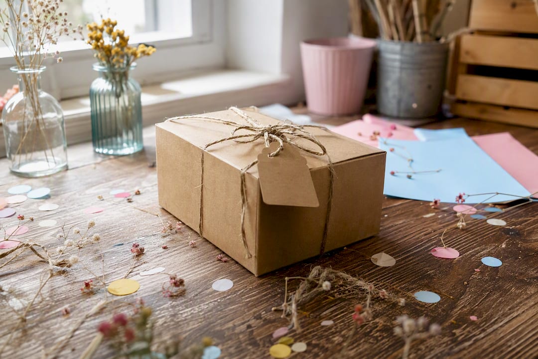 Kraft box party favour with twine and tag