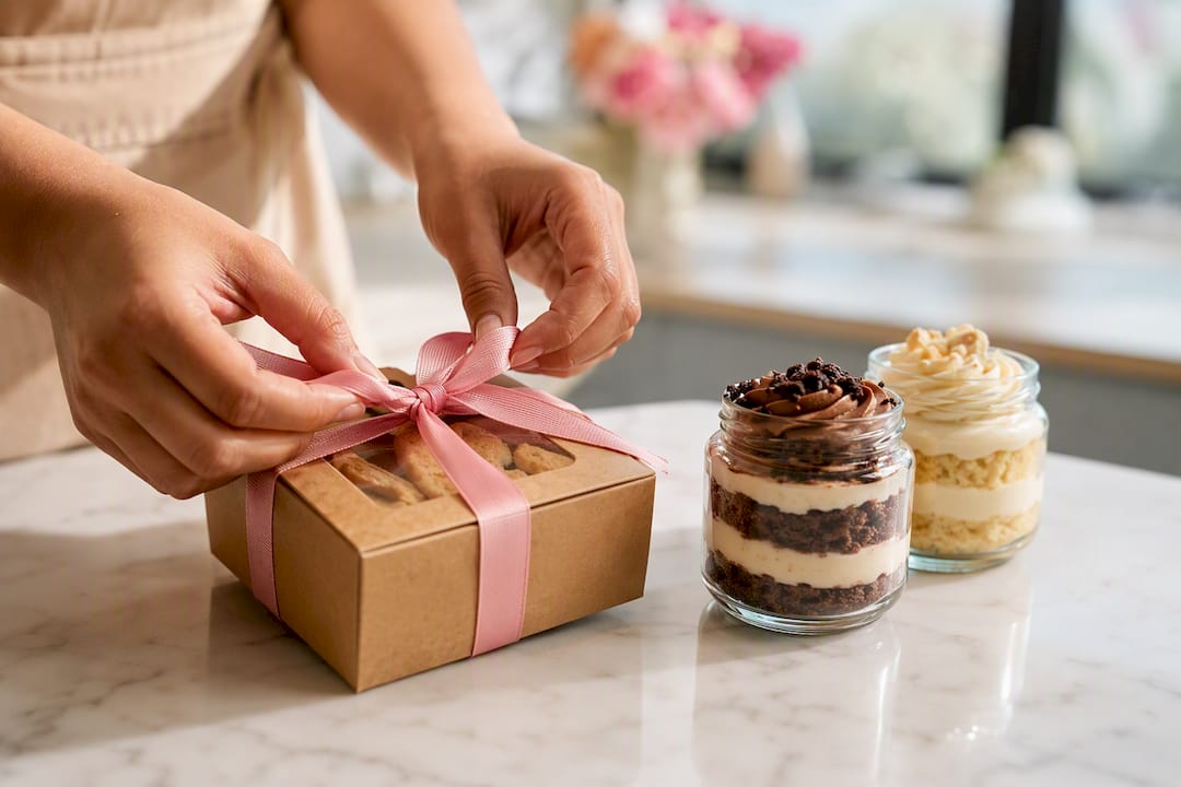 Dessert jars and cookie favors with ribbon