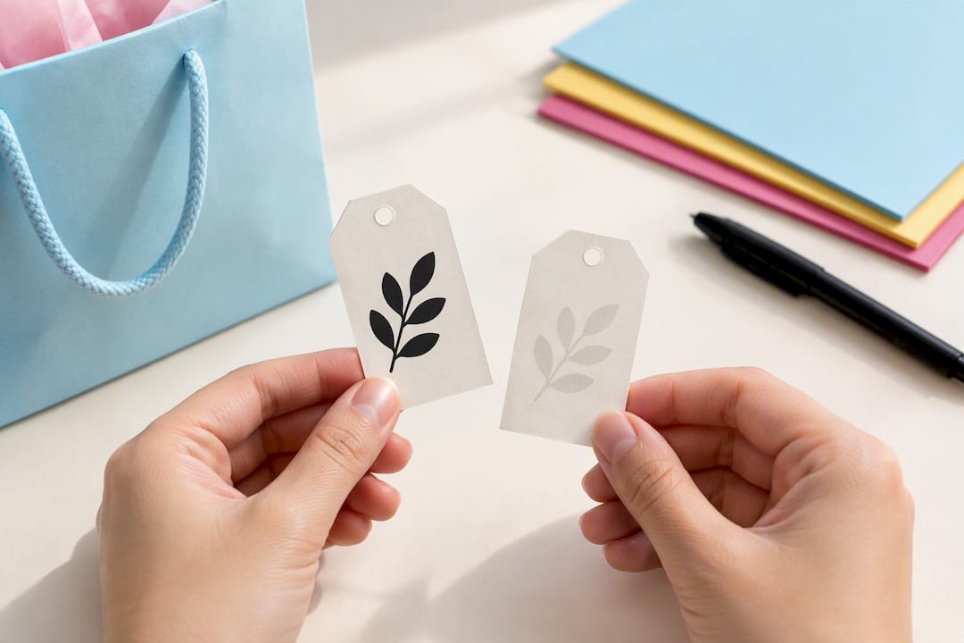 High contrast tags beside party bag